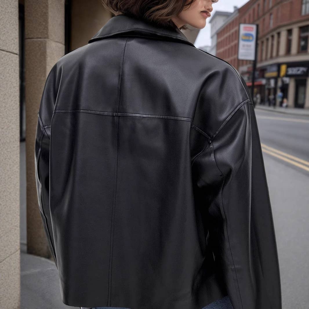 Stylish lapel zipper short leather jacket