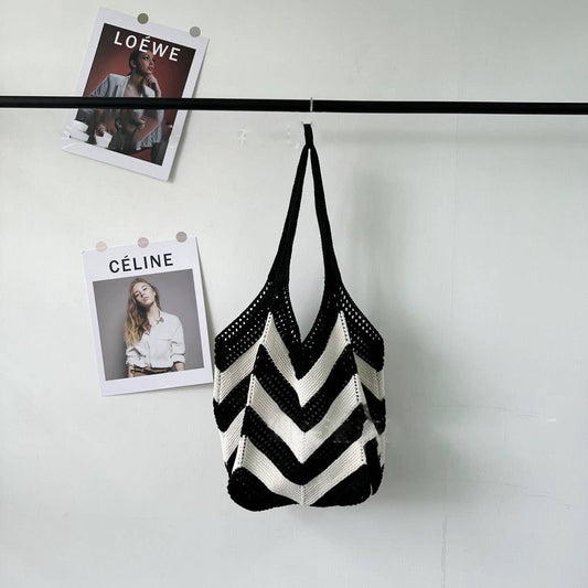 CUAB00635_2025 LARGE STRIPED KNIT WOVEN TOTE SHOULDER BAG