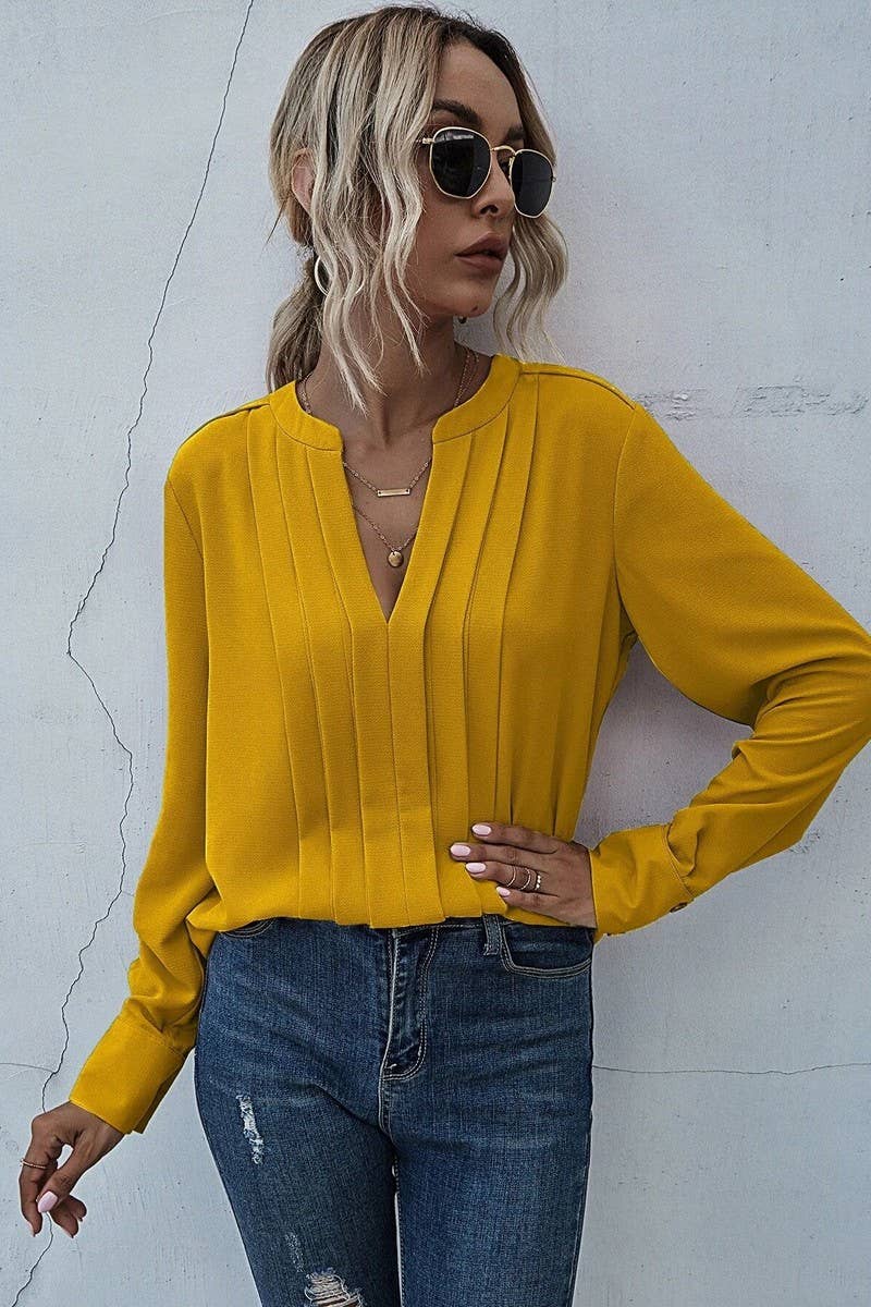 V NECK LONG SLEEVED PLEATED PULLOVER SHIRT_CWTSTL0695