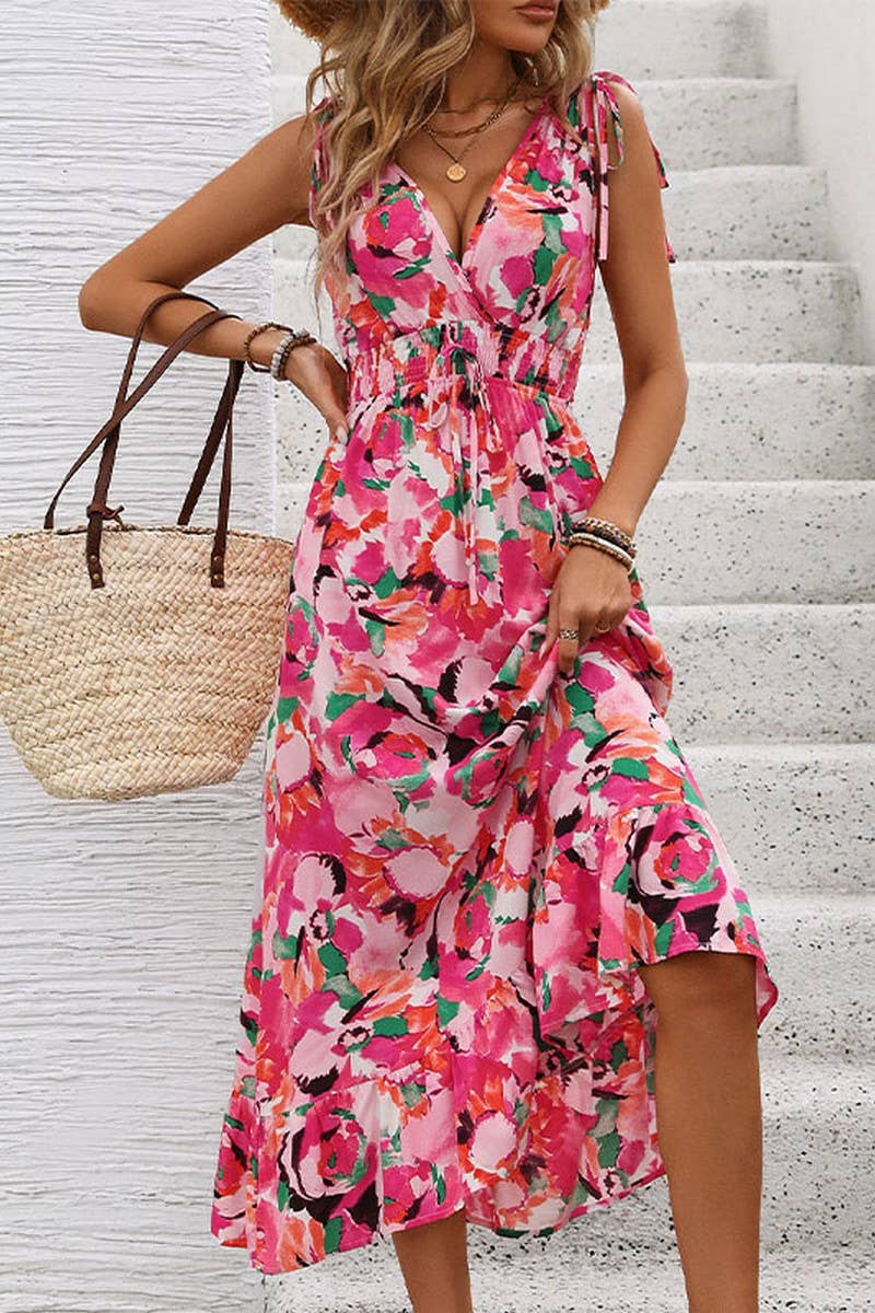 CWDMD2383_V-NECK SLEEVELESS CORSETED PRINTED DRESS