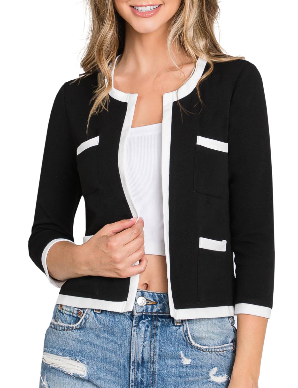 CWOBL103_3/4 Sleeve Bolero Open Front Cardigan