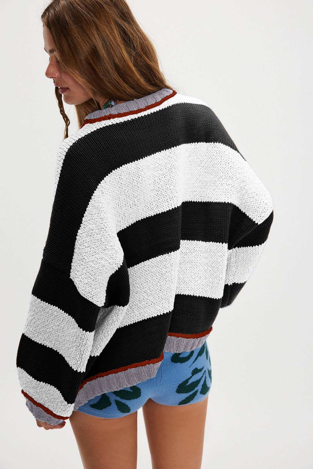Knitted loose color-blocking striped sweater