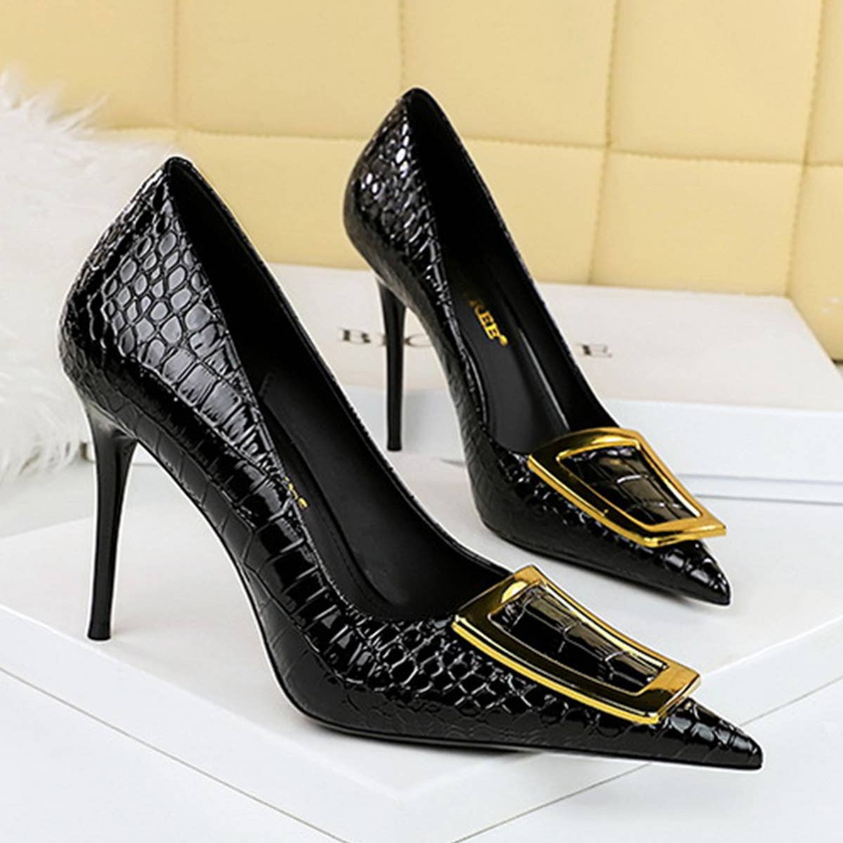 WOMEN SHALLOW POINTED TOE METAL BUCKLE HIGH HEELS