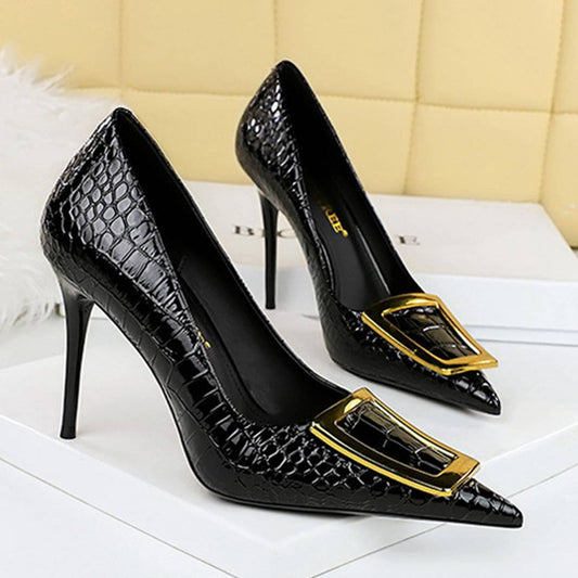 WOMEN SHALLOW POINTED TOE METAL BUCKLE HIGH HEELS