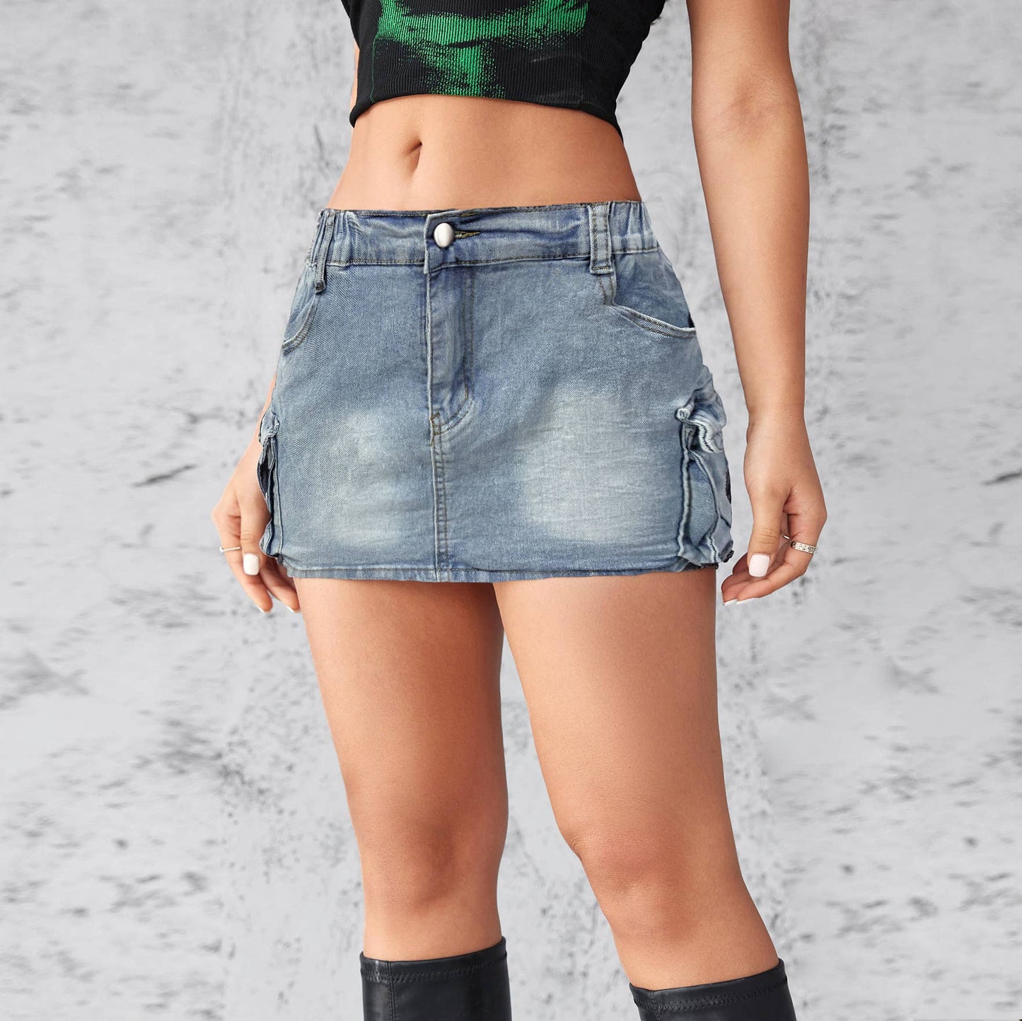 Vintage washed high waist denim mini skirt