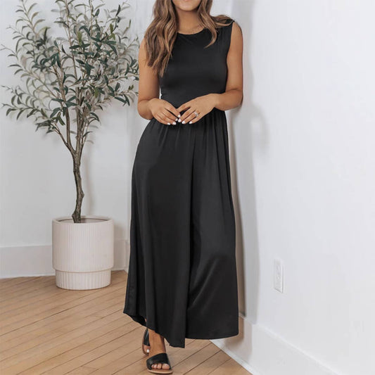 SOLID COLOR SLEEVELESS JUMPSUIT WIDE LEG PANTS