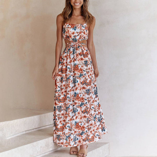 SMALL FRESH PRINT LACE-UP HOLLOW-OUT HALTER DRESS