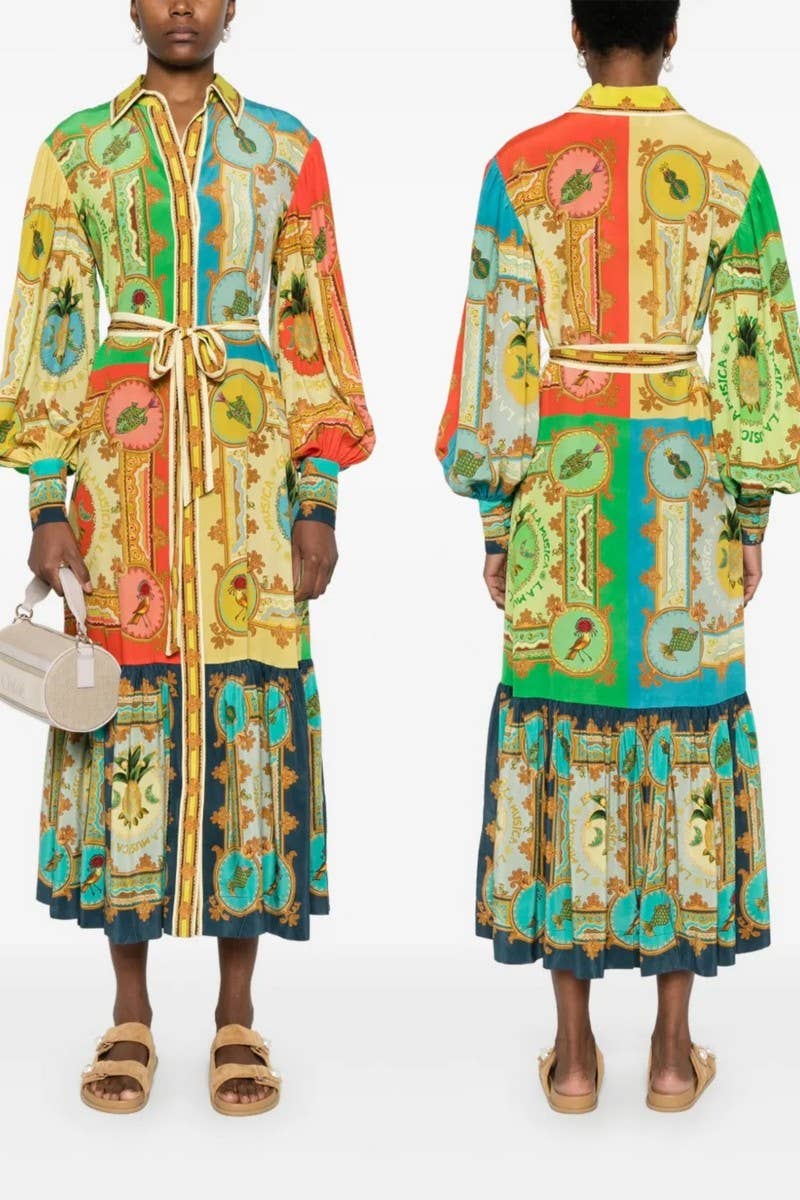 CWDMD5745_NEW PRINTED LANTERN SLEEVE SINGLE BREASTED DRESS