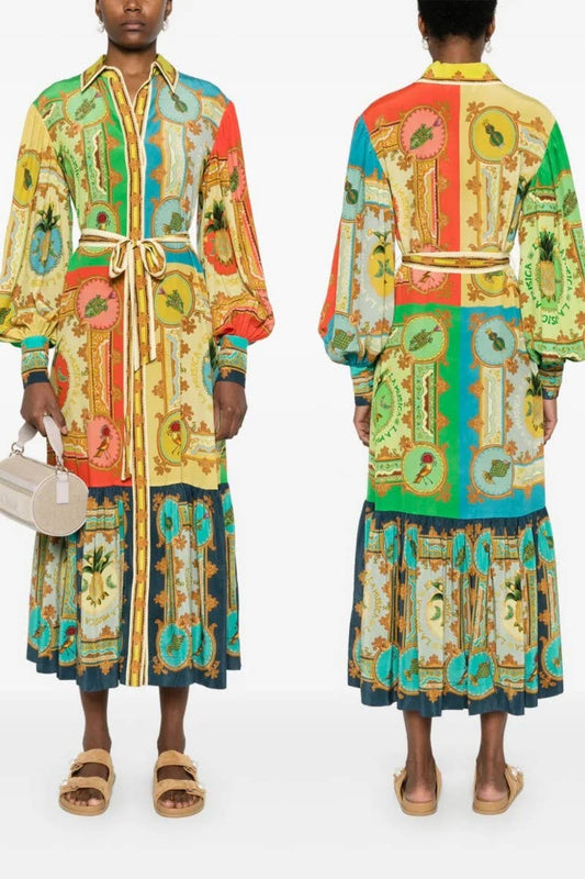 CWDMD5745_NEW PRINTED LANTERN SLEEVE SINGLE BREASTED DRESS