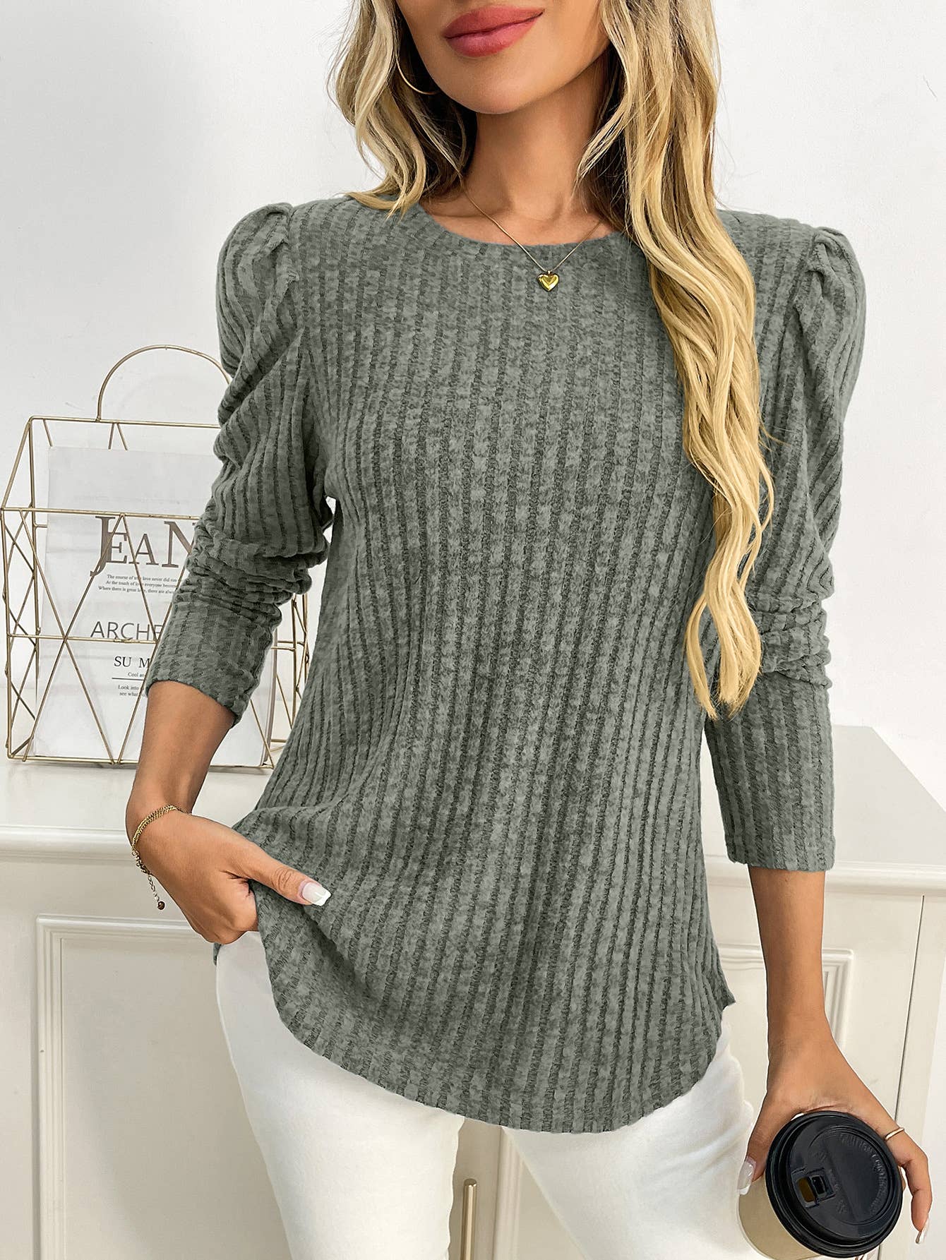 Round-neck puffed-sleeve brushed striped T-shirt