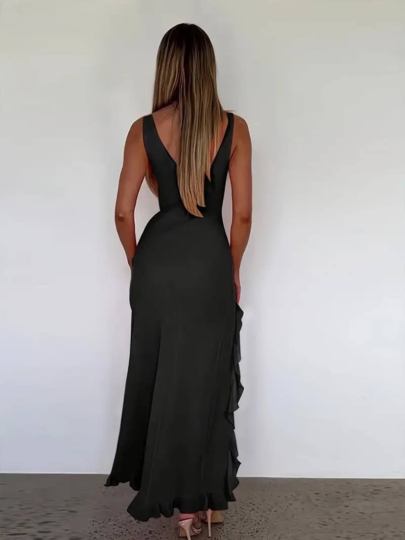 Slit V-neck black ear-trimmed backless dress