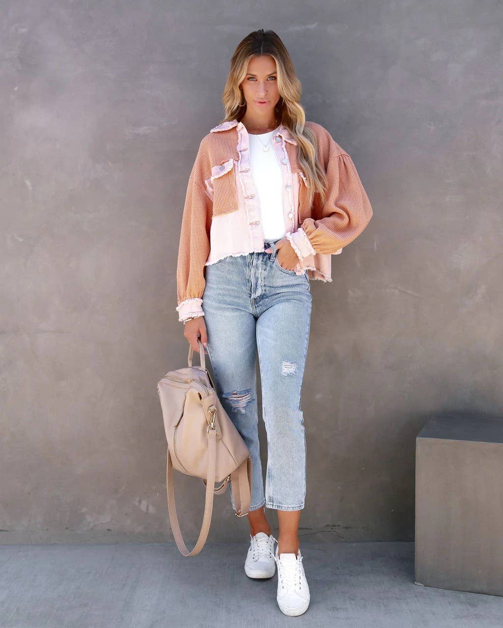 Waffle patchwork short washable coat