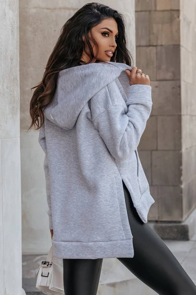 CWOCO0934_SOLID COLOR ZIPPER HOODED CARDIGAN SWEATSHIRT