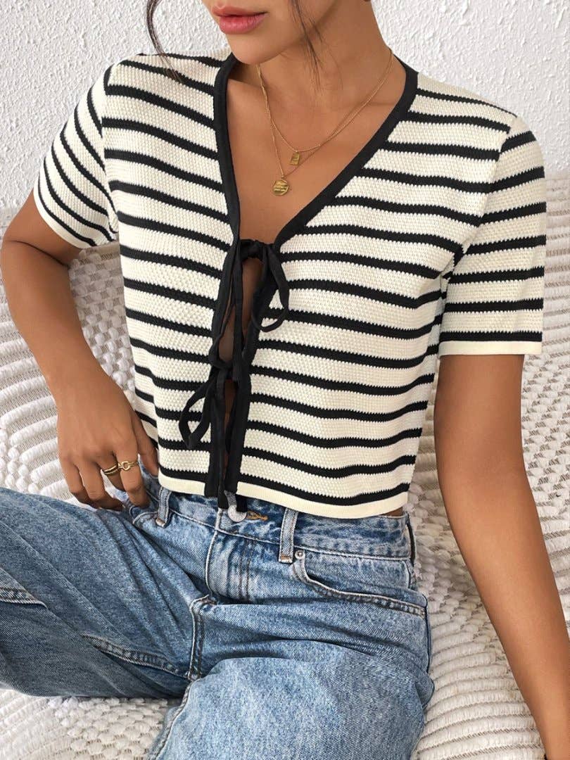 Striped lace-up patchwork short sleeve cardigan