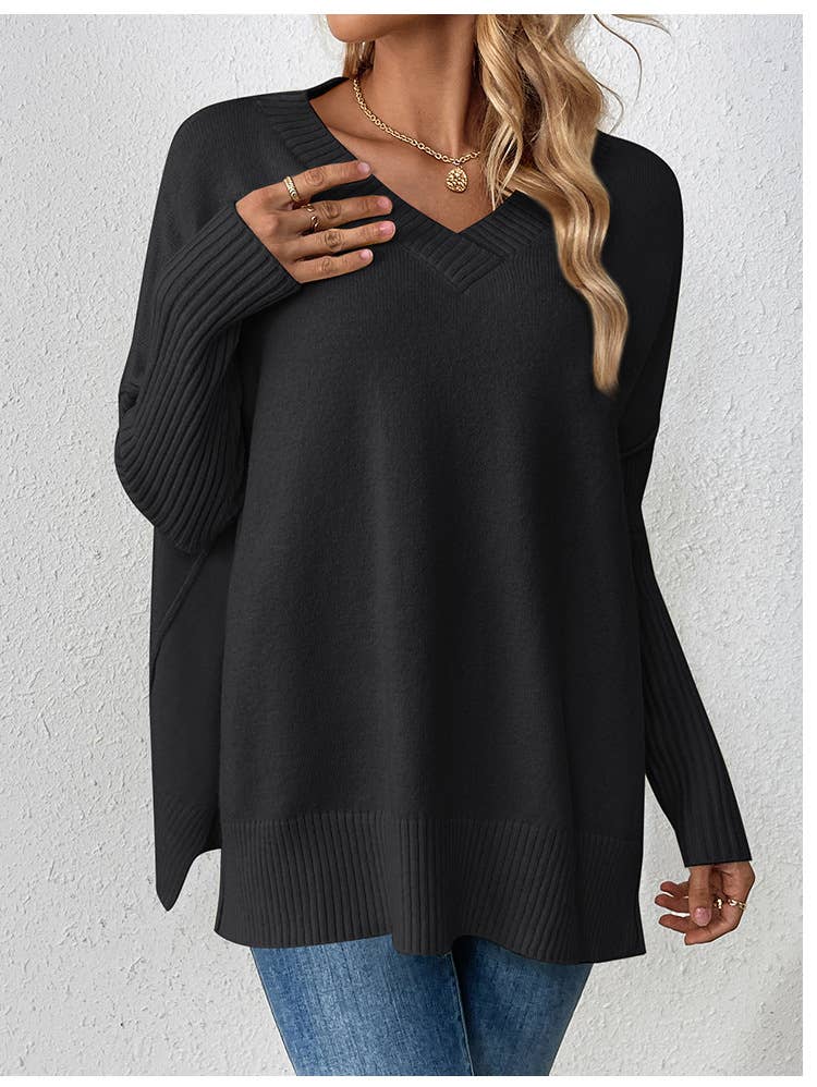 V-neck casual patchwork long-sleeved sweater