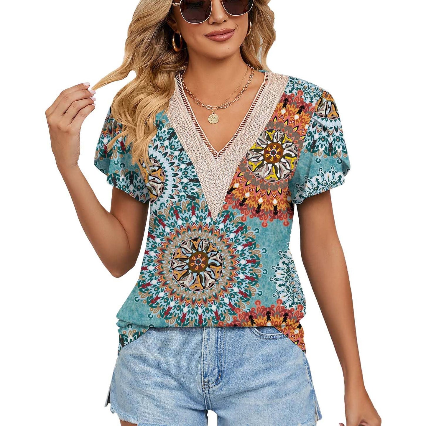 V-neck printed petal-sleeve loose pullover shirt
