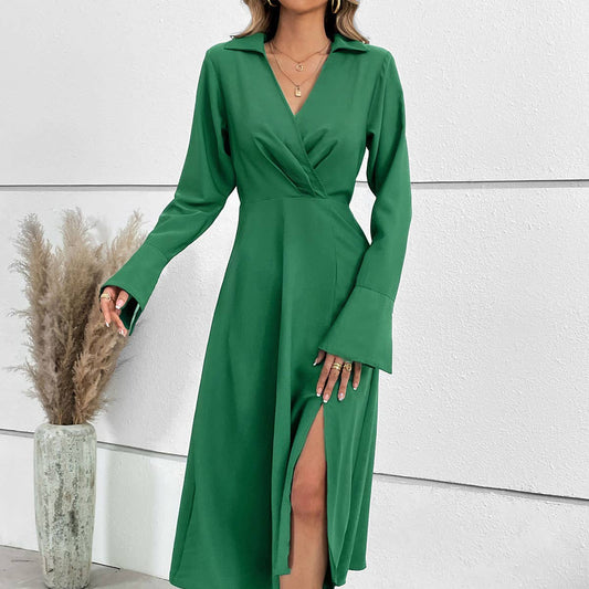 NARROW WAIST V-NECK SLIM TEMPERAMENT SPLIT DRESS