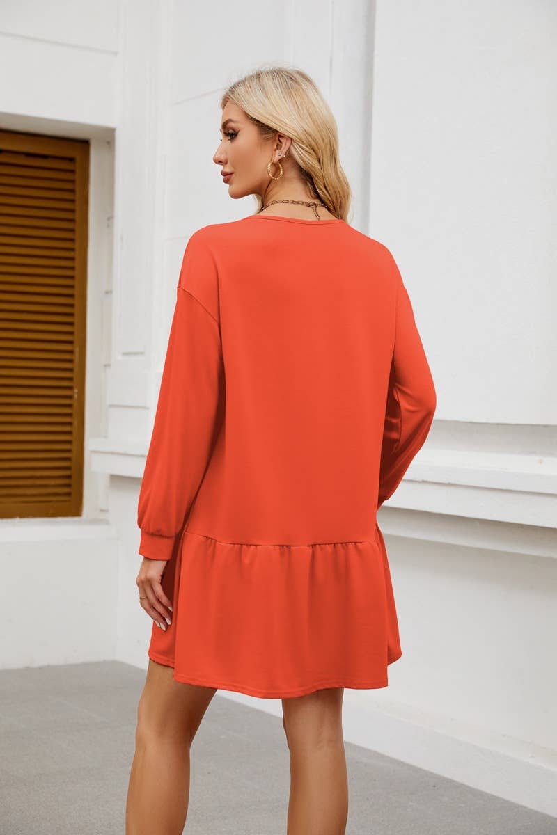 ROUND NECK LONG SLEEVE SOLID COLOR SHORT DRESS