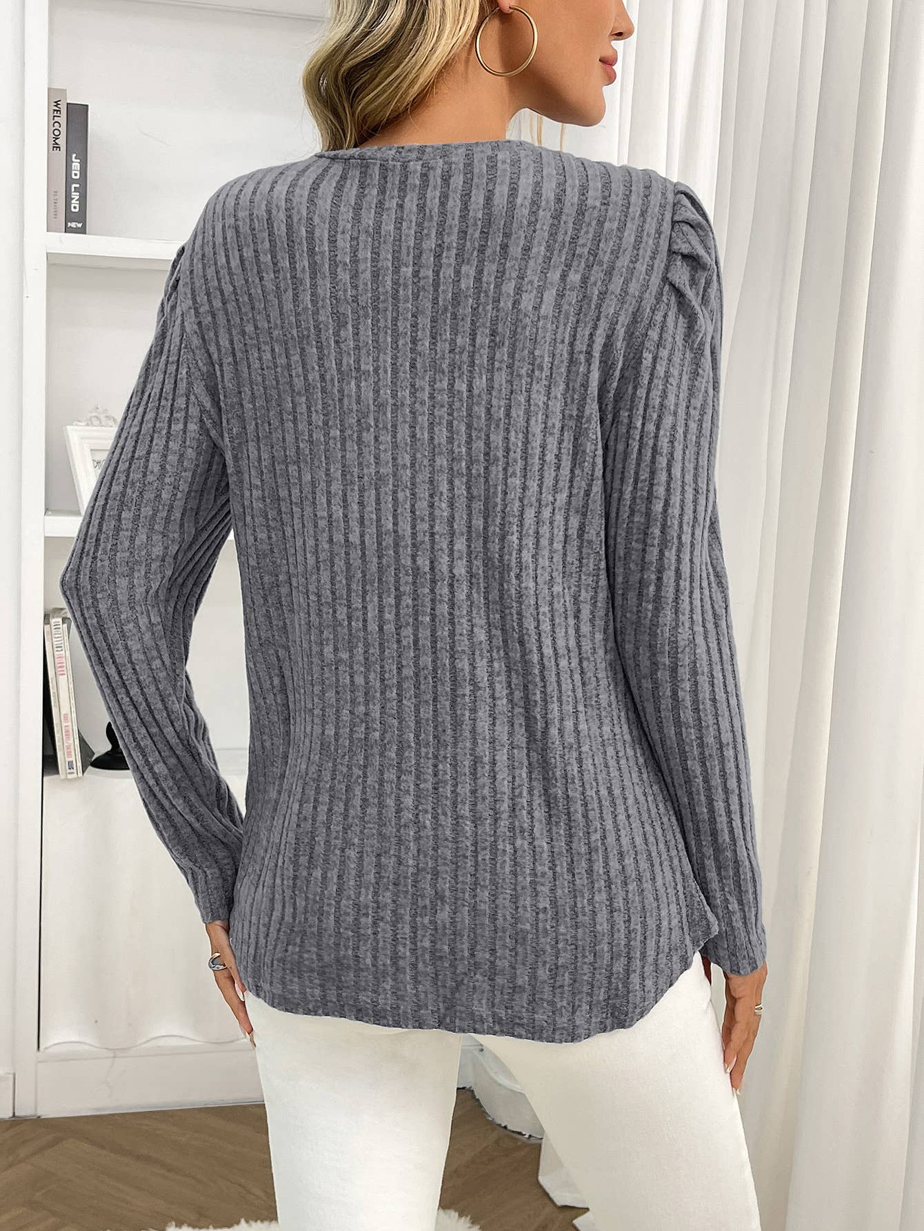 Round-neck puffed-sleeve brushed striped T-shirt