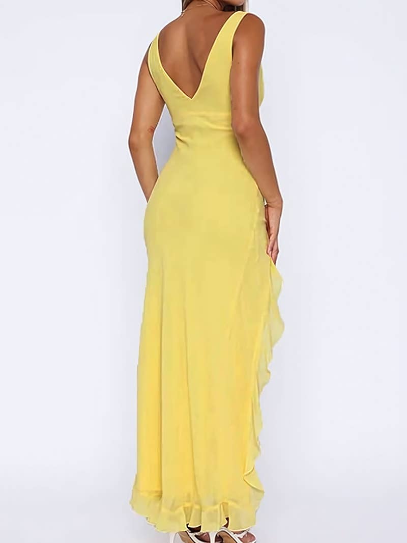 Slit V-neck black ear-trimmed backless dress