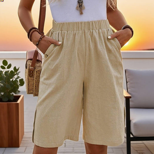Cotton and linen solid-colored casual shorts