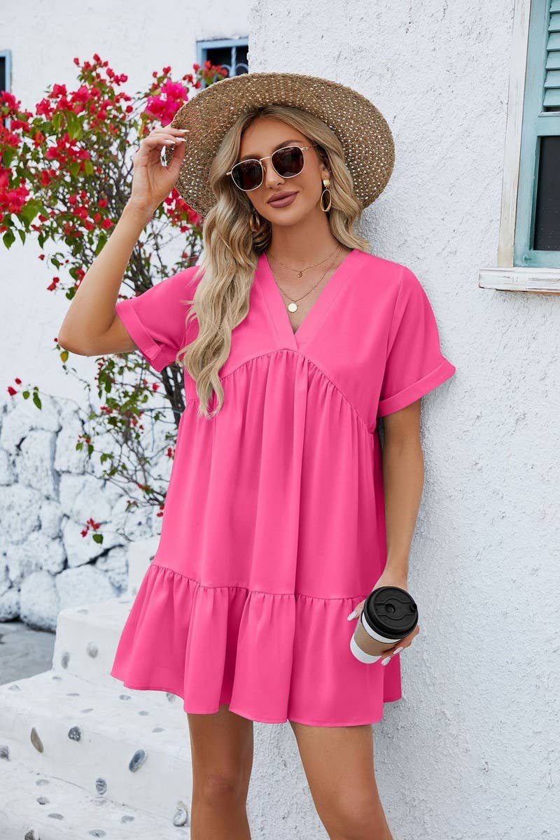 CWDSD3113_V Neck Tiered Short Sleeve Dress