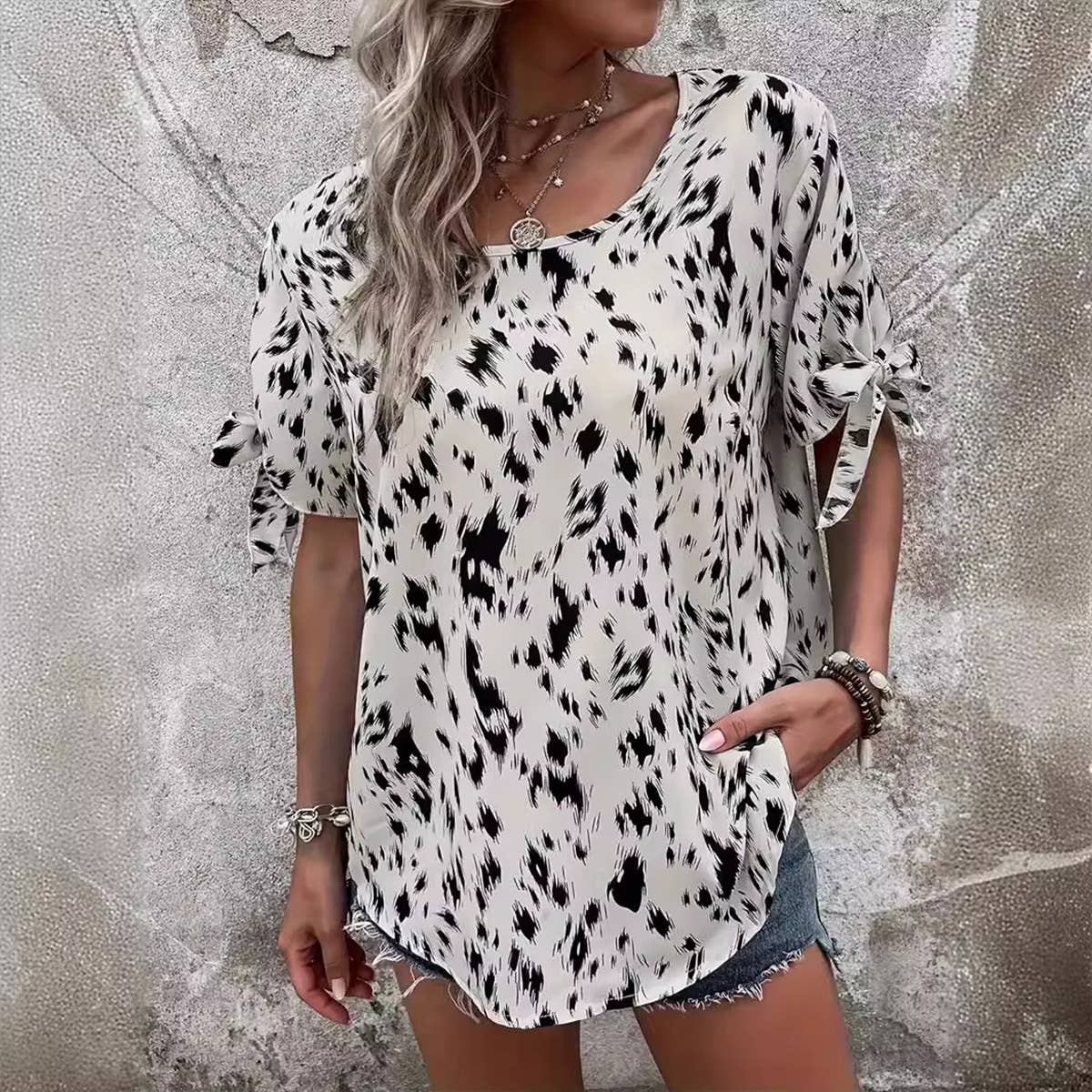 Round-neck tie leopard print stylish shirt