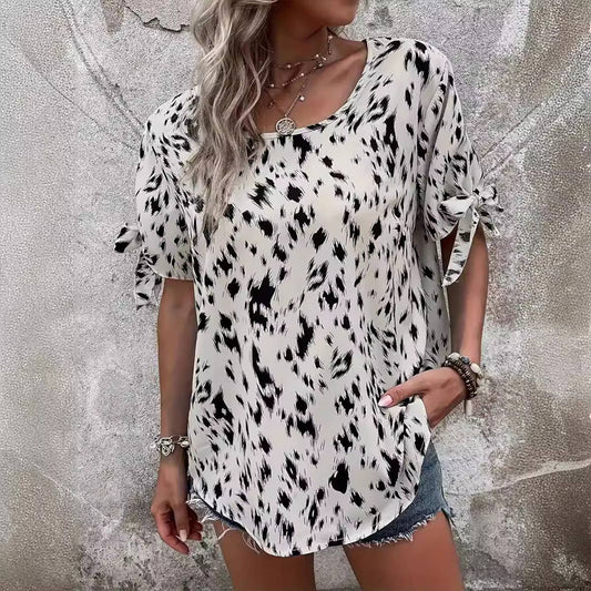 Round-neck tie leopard print stylish shirt