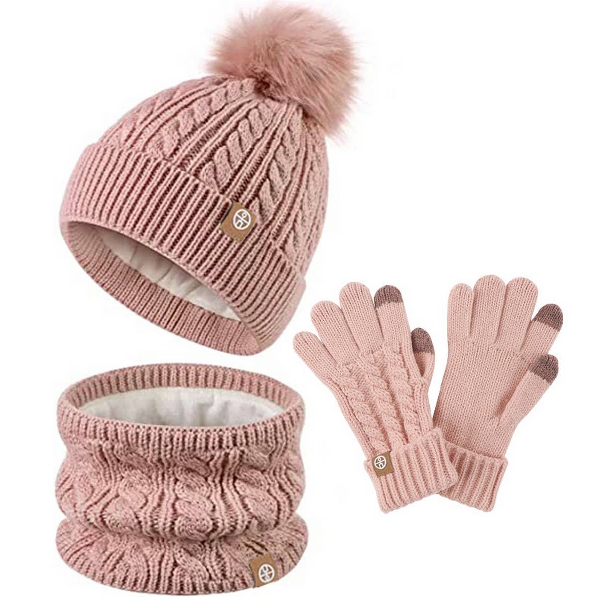 THREE-PIECE SET OF POM-POM HAT, SCARF AND GLOVES