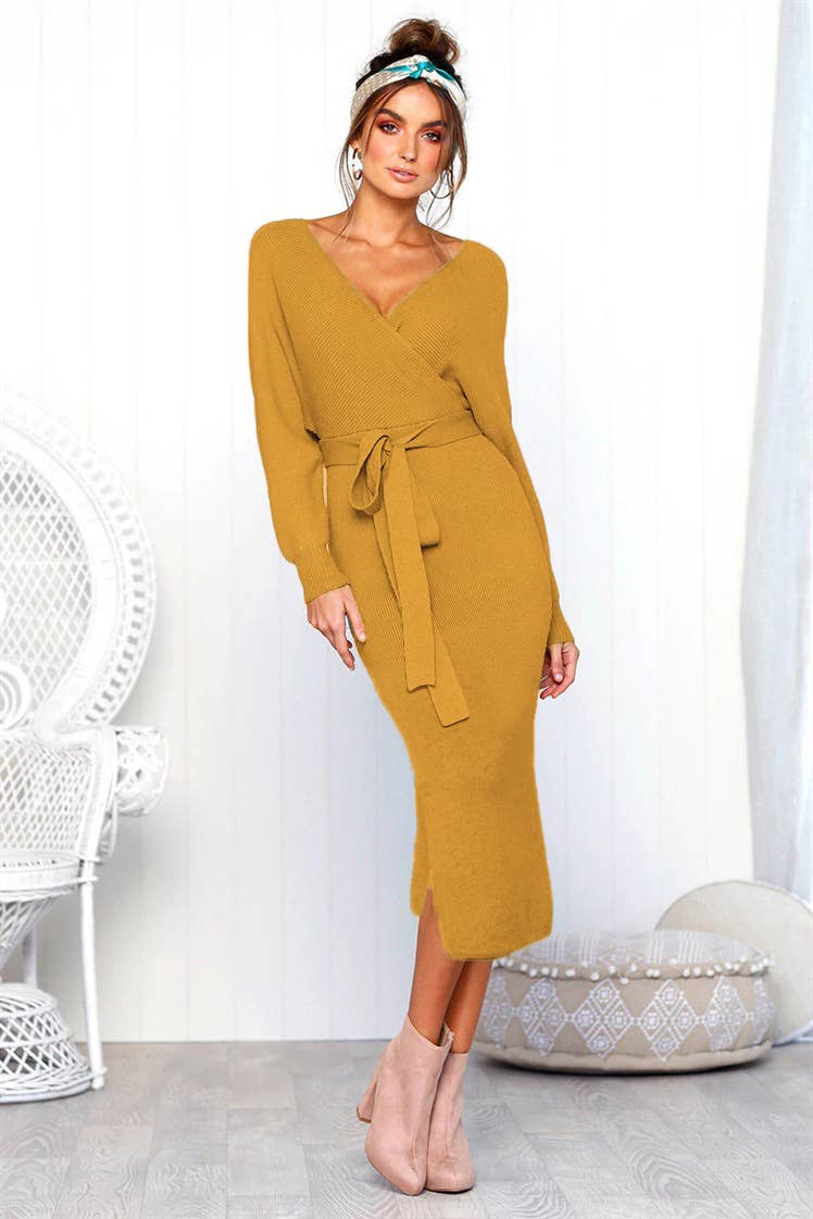 SEXY V-NECK LACE-UP LONG-SLEEVED DRESS