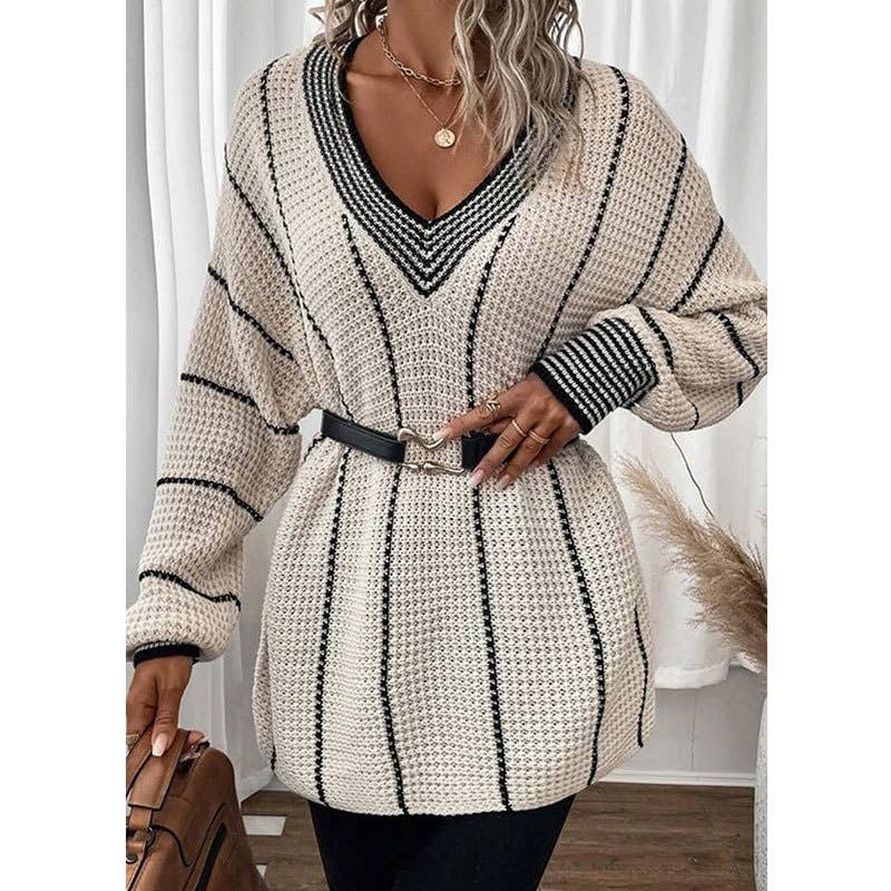 VERTICAL PATTERN CASUAL LOOSE MEDIUM LONG SWEATER