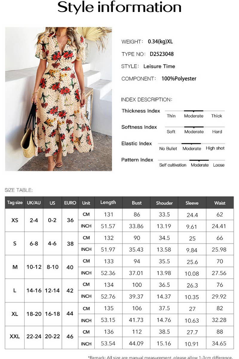 CWDMD5354_SUMMER SEXY DEEP V PRINTED SHORT SLEEVE DRESS