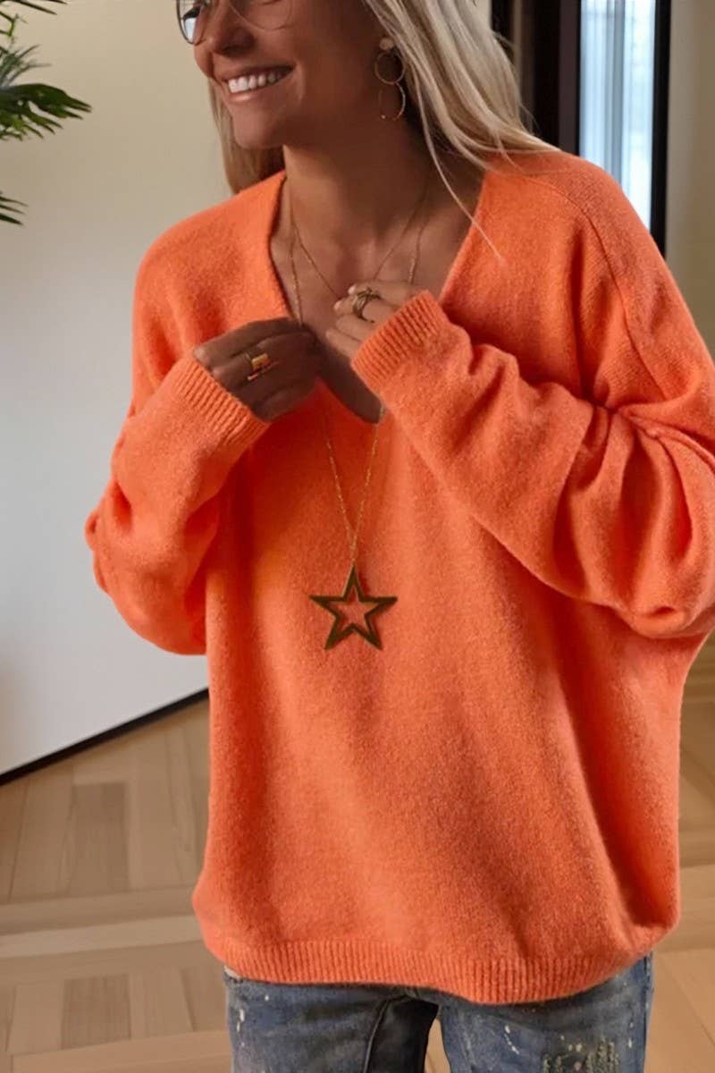 CWOSWL07455_DEEP V NECK PULLOVER LOOSE KNIT SWEATER