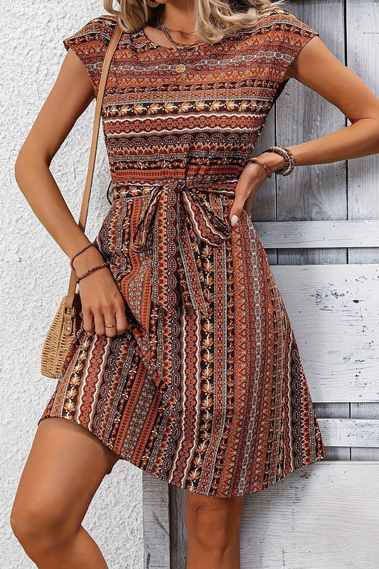 CWDMD5343_BOHO PRINT STRIPED BELTED A-LINE DRESS