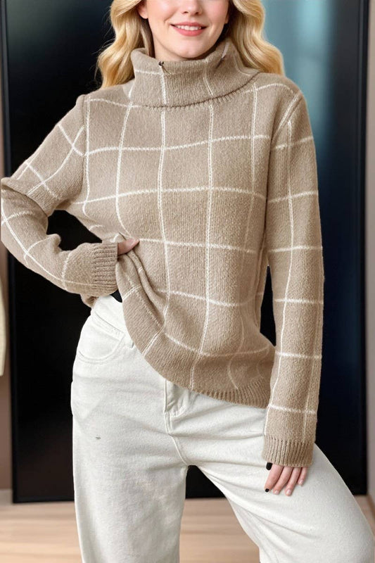 CWOSWL07336_WOMEN PLAID COLOR BLOCK TURTLENECK SWEATER
