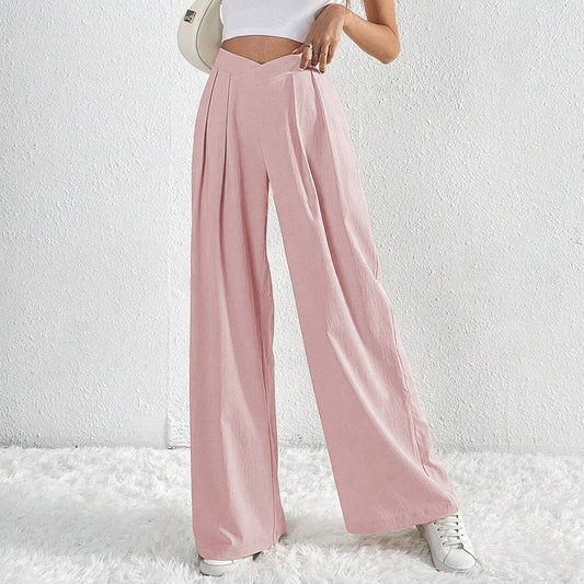 ASYMMETRICAL WAIST PLEATS CASUAL WIDE LEG SLACKS_CWBLP0603