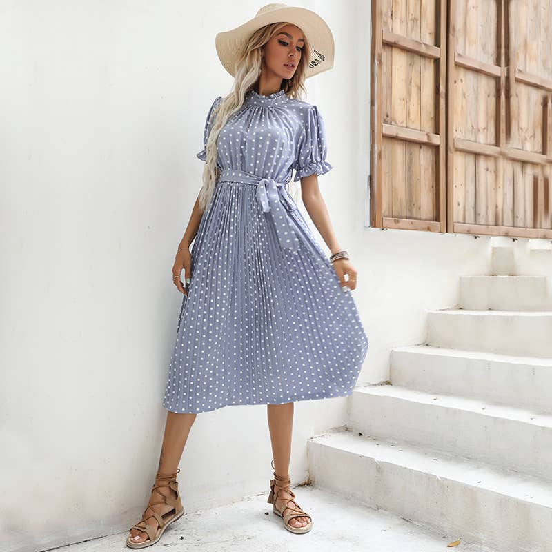 Polka dot lace-up pleated dress