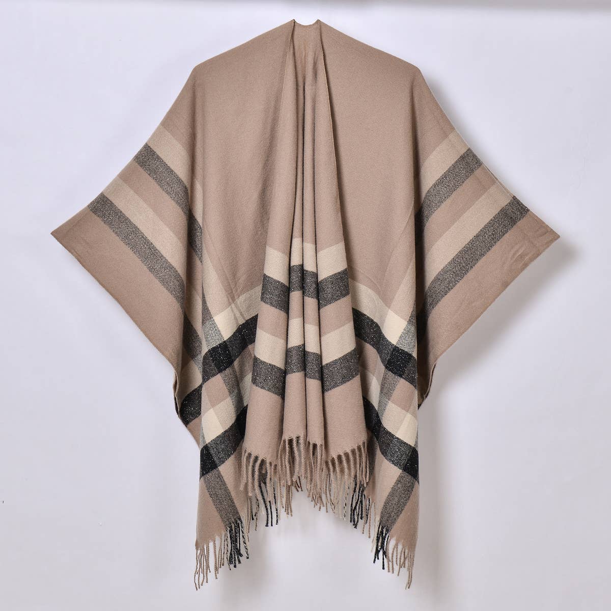 TASSEL TWO-TONE STRIPED PLAID CARDIGAN CAPE SHAWL