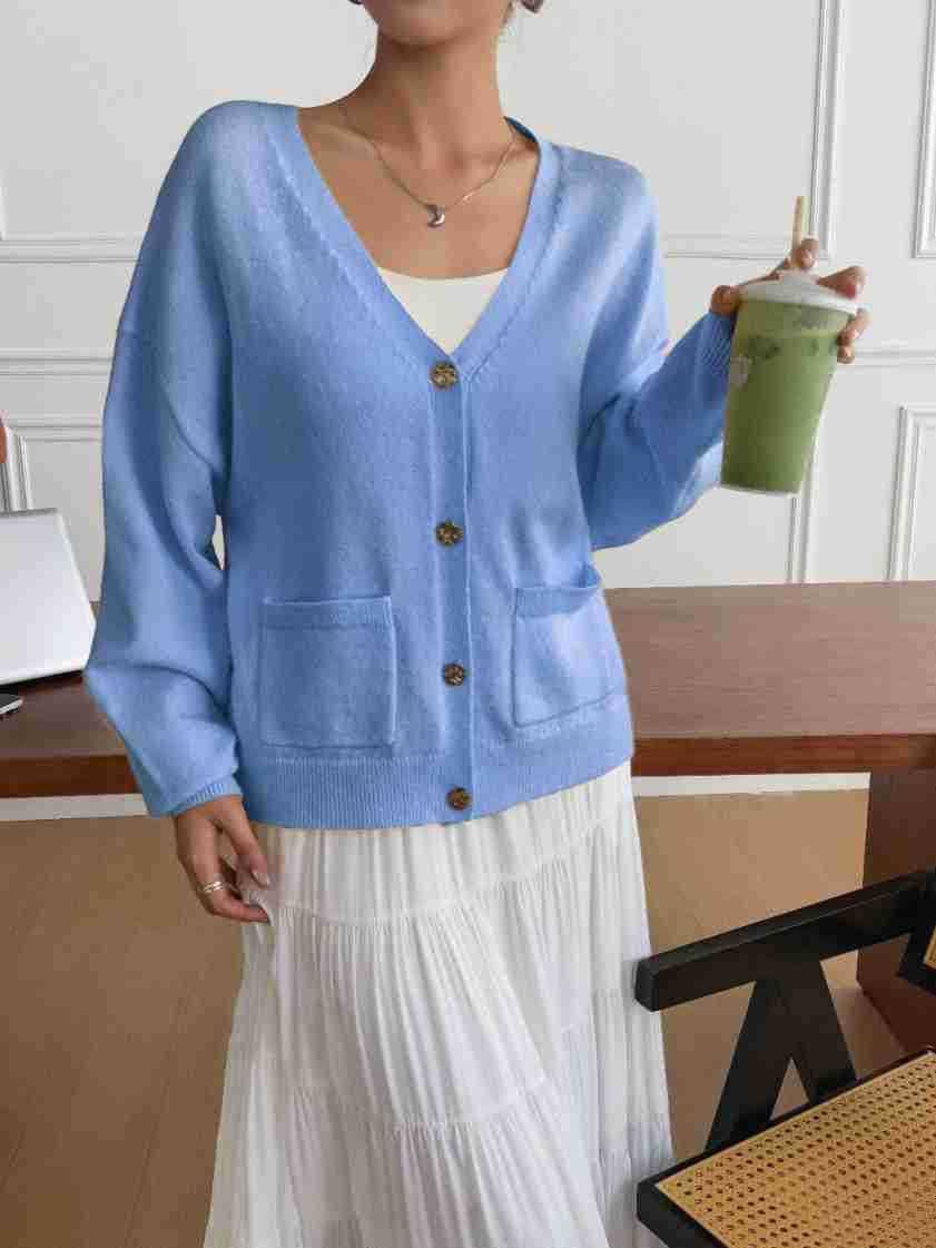 Simple solid-color long-sleeved Cardigan