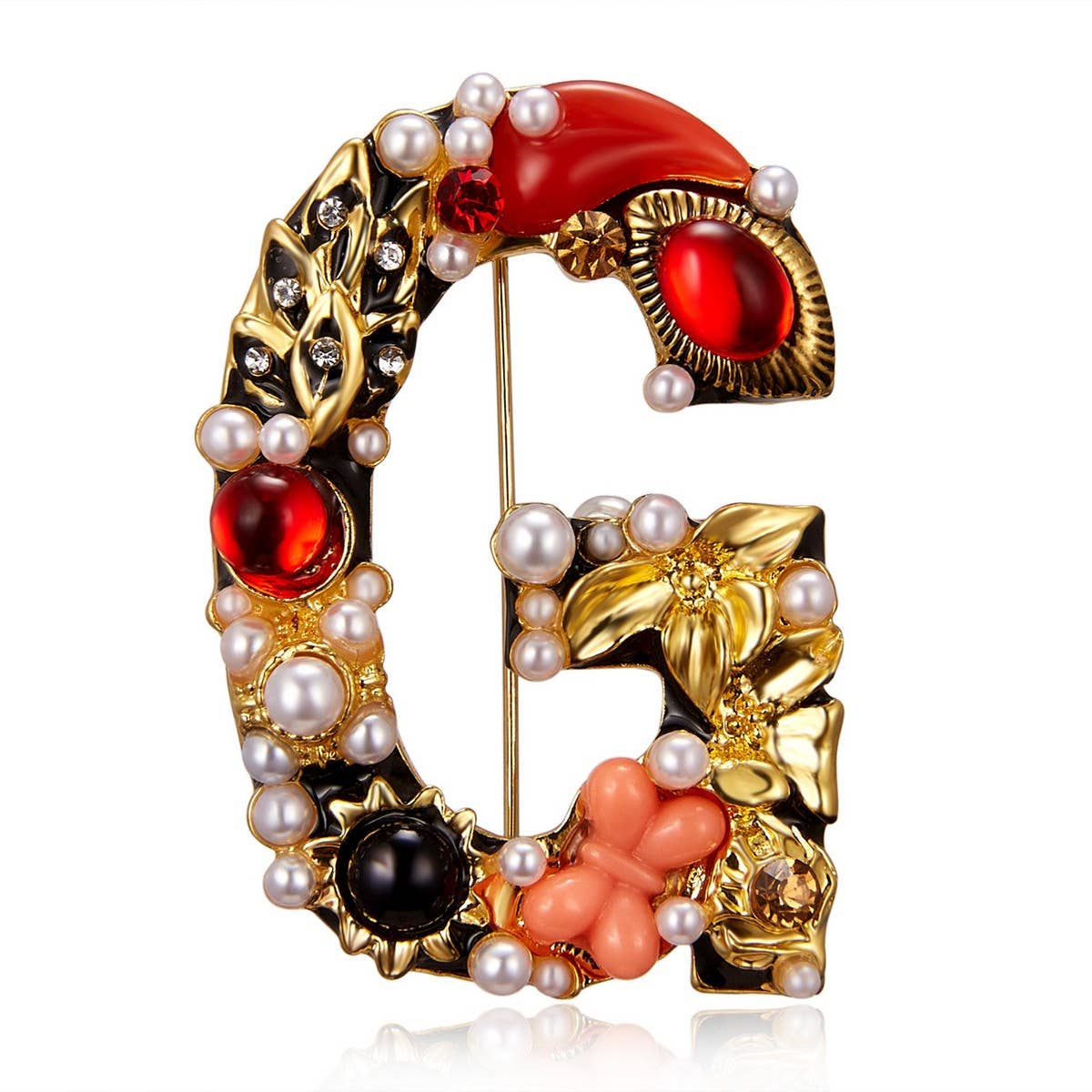 CWAJE2565_LETTER PEARL RHINESTONE OIL PAINTING BROOCH