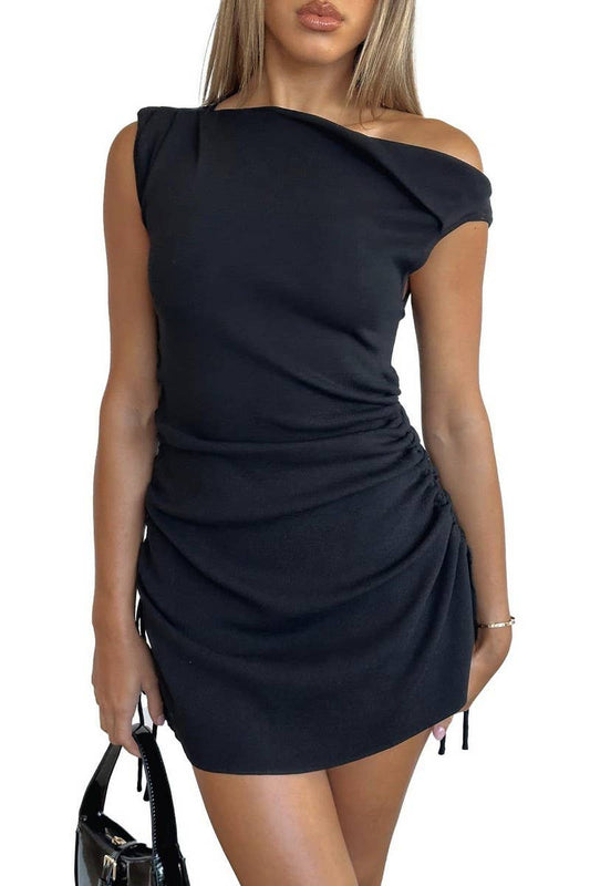CWDSD8795_RUCHED DRAWSTRING OFF-SHOULDER Y2K MINI SKIRT