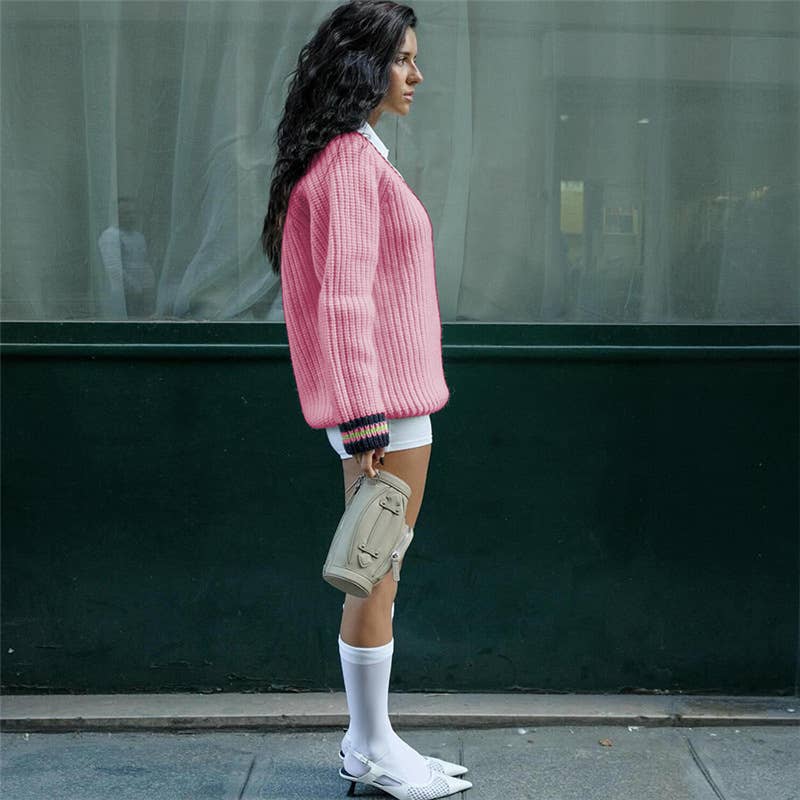 V-NECK LOOSE FASHION CONTRAST CASUAL KNITWEAR