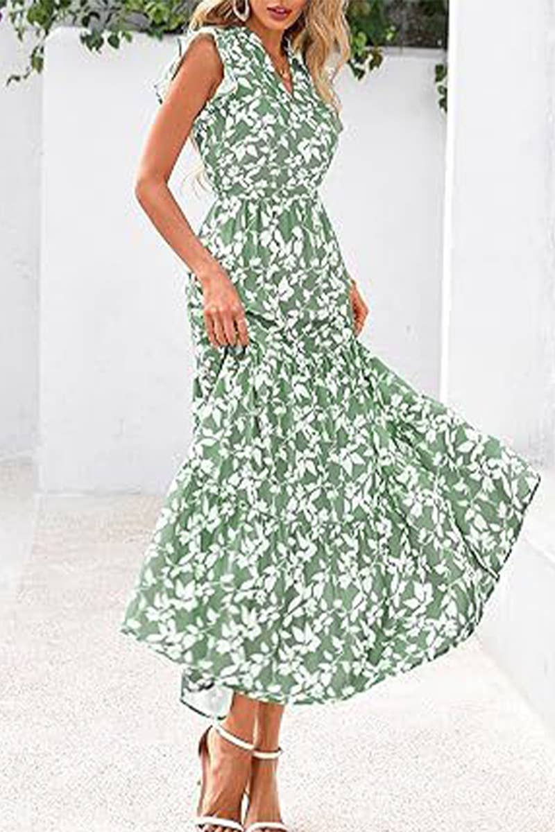 CWDMD6342_V-NECK PLEATED FLYING SLEEVES PRINTED MIDI DRESS