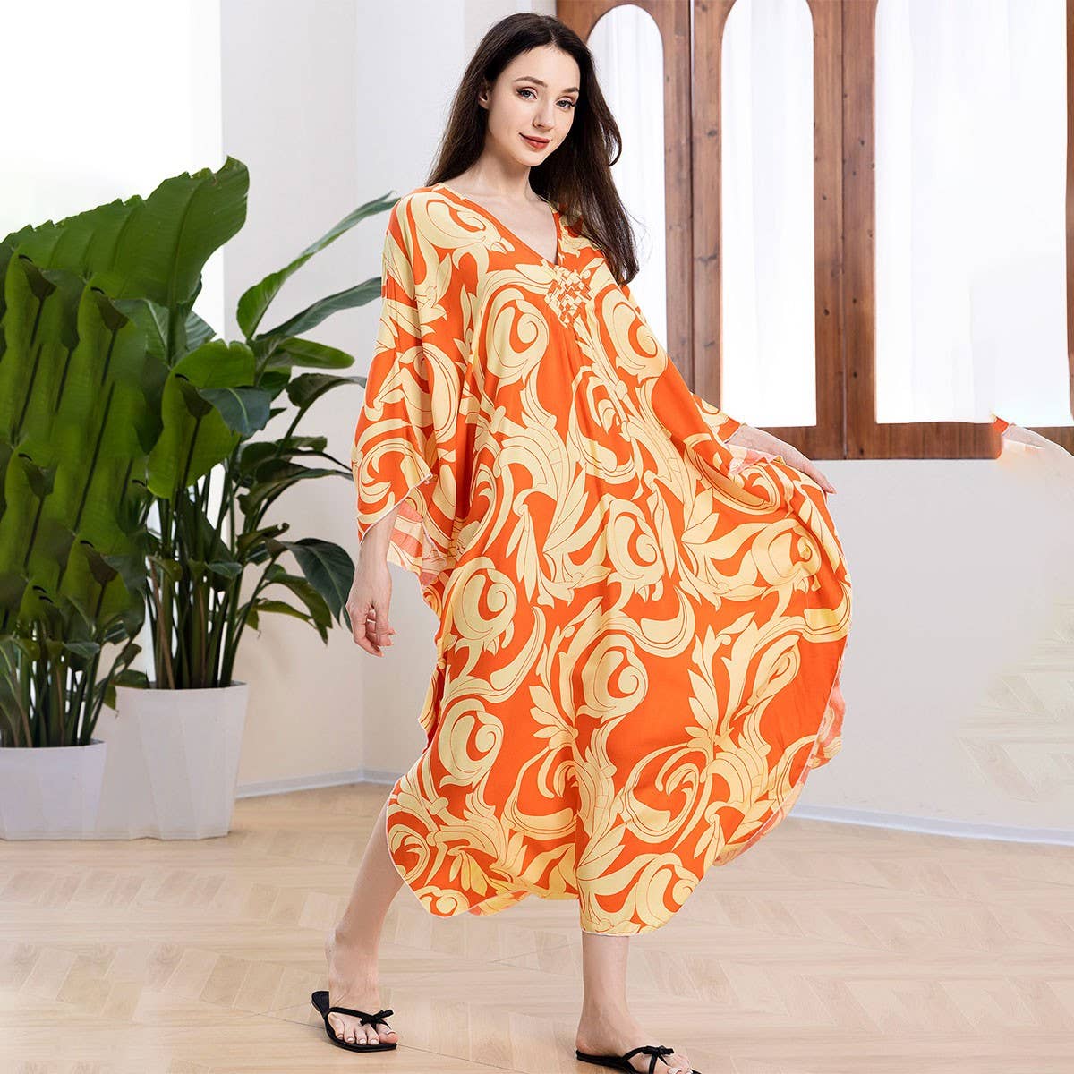 Leaf Print Loose Beach Cover-Up for Vacation