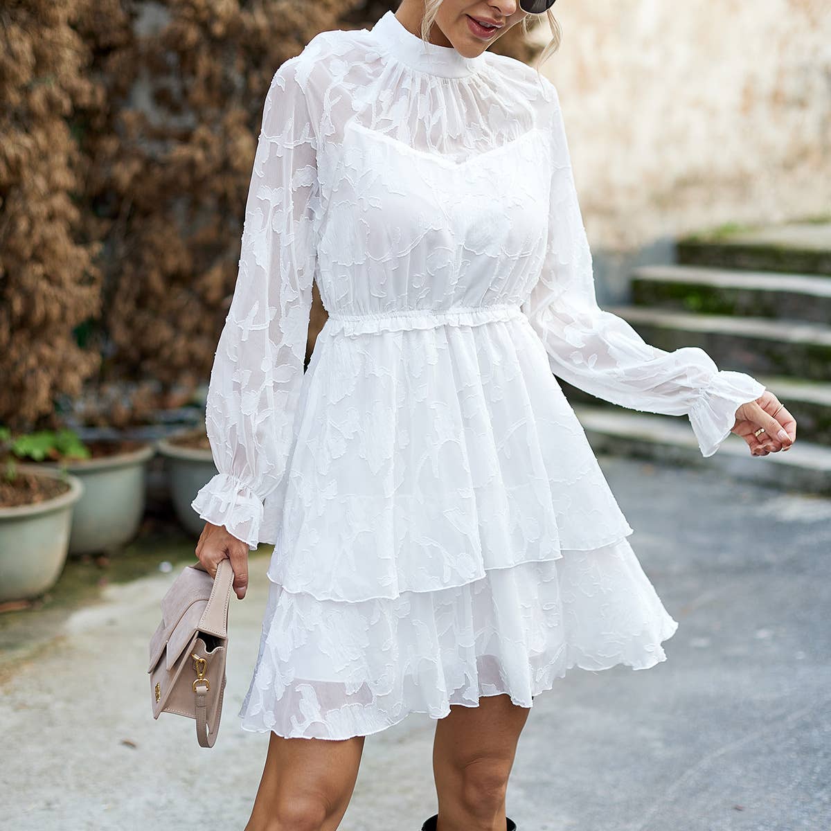 ELEGANT CREW-NECK JACQUARD SHORT DRESS