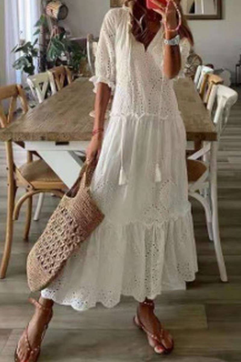 CWDMD5691_EMBROIDERED V-NECK TIE FRONT COTTON MAXI DRESS