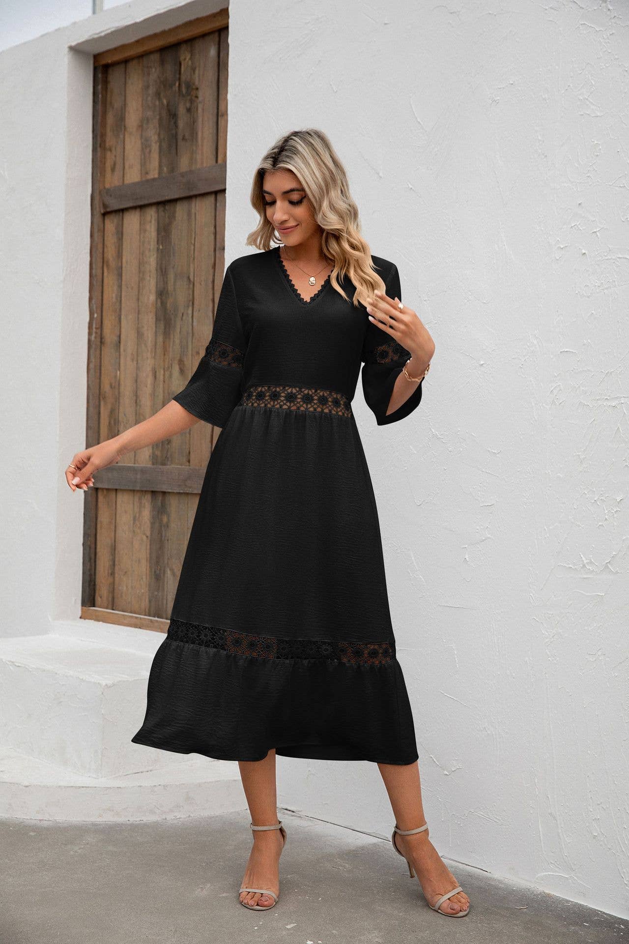 V-NECK CUTOUT LACE PATCHWORK MID-WAIST DRESS