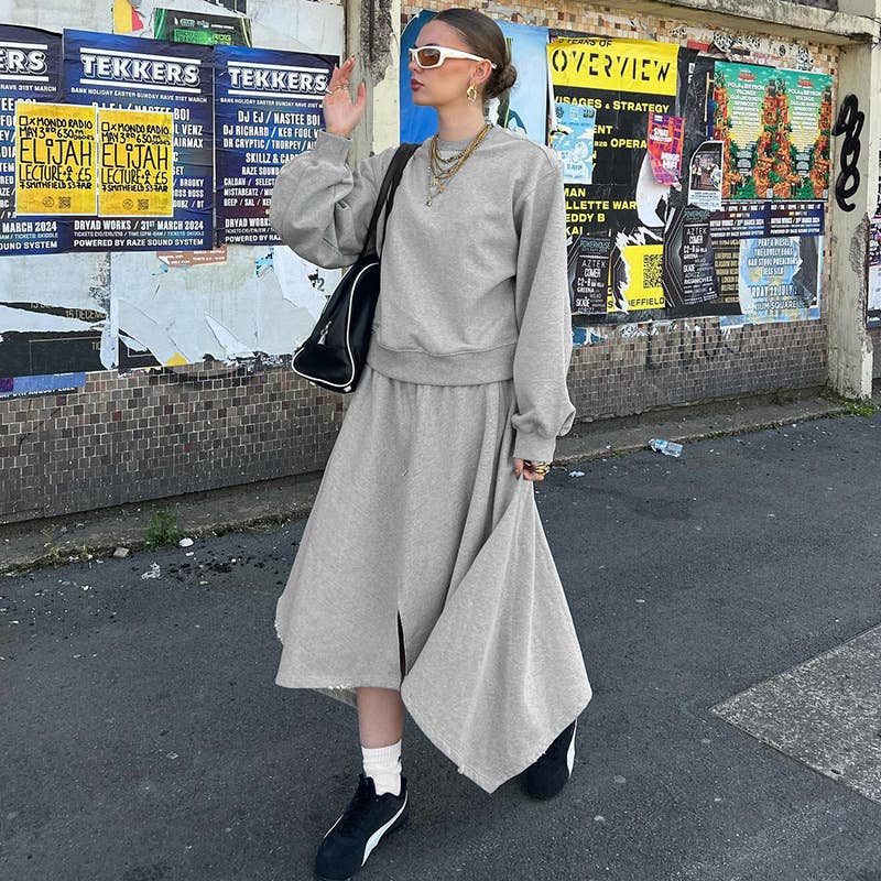 Round-neck casual sweatshirt semi-long skirt set