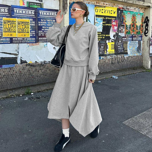 Round-neck casual sweatshirt semi-long skirt set