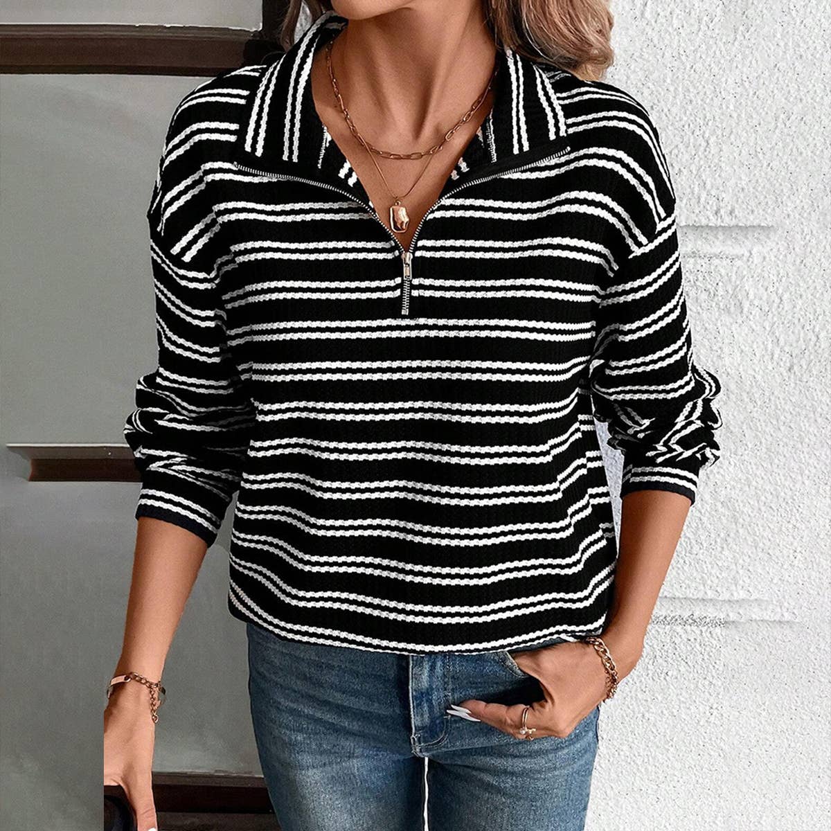 ZIPPER COLLAR LONG SLEEVE PRINT TEXTURE HOODIE